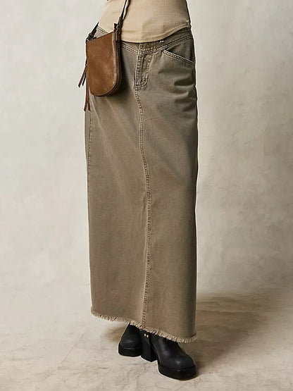 Y2K Vintage Denim Maxi Skirt – Women's A-Line Frayed Hem Long Jean Skirt
