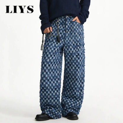 Checkerboard Jacquard Baggy Wide Leg Jeans – Korean Style