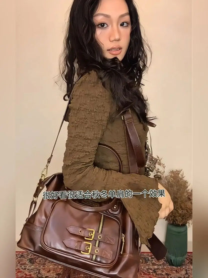 Retro Brown Large Capacity Purse Women Vintage Leather  Aesthetic