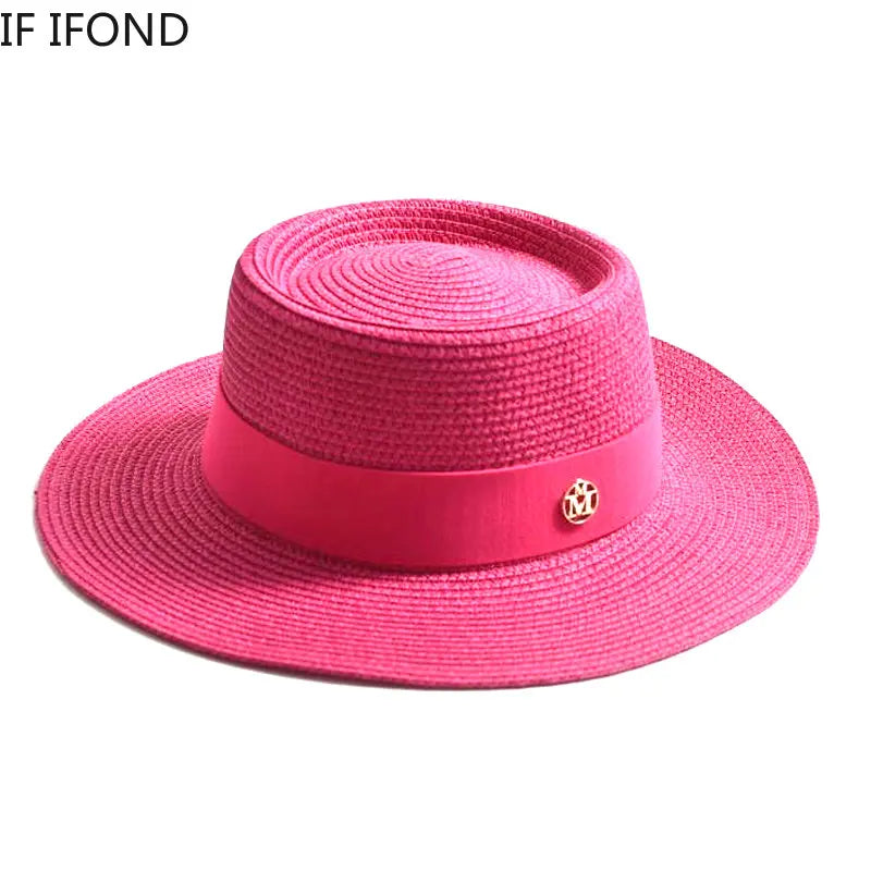 Women's Straw Sun Hat Flat Brim Ribbon Beach Hat