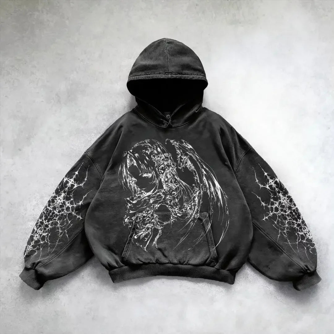 Angel Graphic Oversized Hoodie – Y2K Goth Streetwear Women