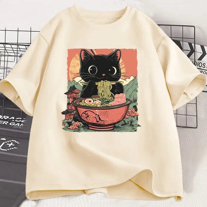 Black Cat Ramen T-Shirt – Women's Harajuku Graphic Tee