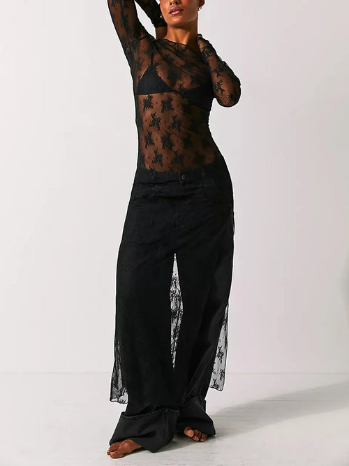Sheer Lace Maxi Dress for Women – Long Sleeve Slit Chemise