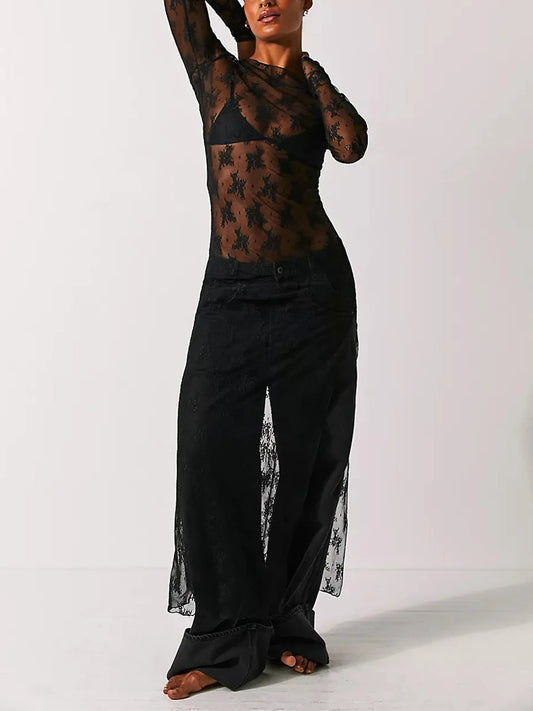 Sheer Lace Maxi Dress for Women – Long Sleeve Slit Chemise
