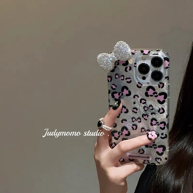 Diamond Bow Leopard Print Phone Case with Glitter Lining
