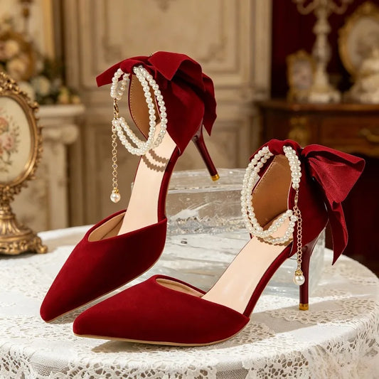Women's Pearl Ankle Strap Stiletto Heels – Bow Pointed Toe Wedding Pumps