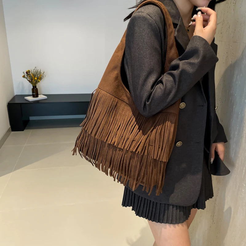 Tassel Hobo Shoulder Bag – Women's Y2K Suede Fringe Purse