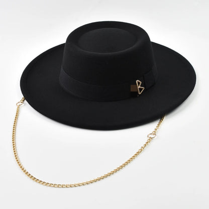 Women's Wide Brim Felt Fedora Hat with Gold Chain & Letter Detail