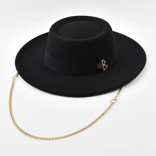 Women's Wide Brim Felt Fedora Hat with Gold Chain & Letter Detail