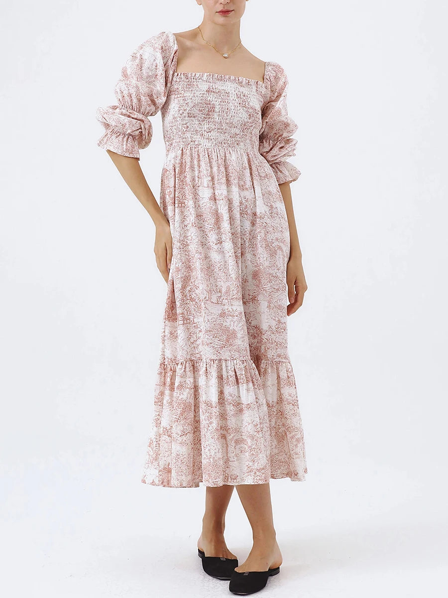 Puff Sleeve Smocked Midi Dress – Square Neck Flowy Casual Dress