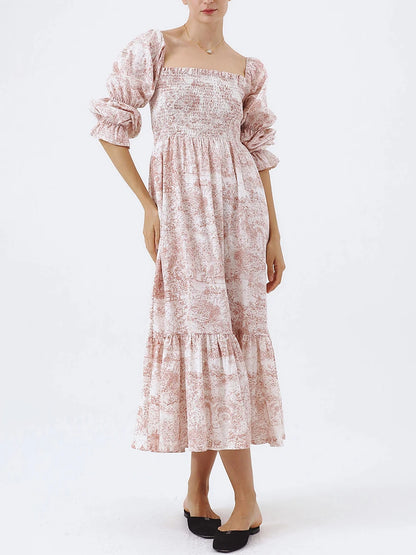 Puff Sleeve Smocked Midi Dress – Square Neck Flowy Casual Dress