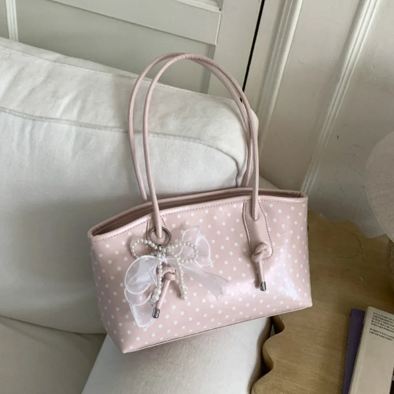 Korean Style Polka Dot For Women Elegant Underarm Bag With Pearl Bow