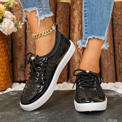 Women's Floral Lace Sneakers – Rhinestone Lace-Up Casual Flat Shoes