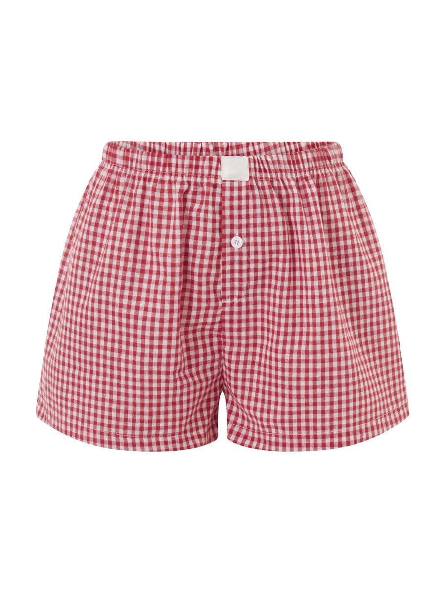 Y2K Plaid Lounge Shorts – Women's Cute Pajama Bottoms with Elastic Waist