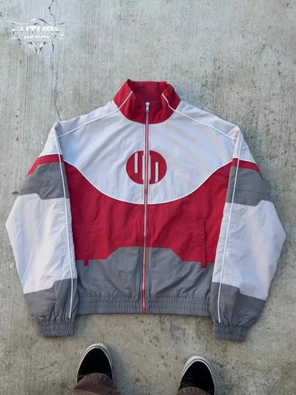 Mens Jacket Harajuku Y2k Red White Spliced Racing Pants Oversized Zip Windproof Casual Sports Unisex