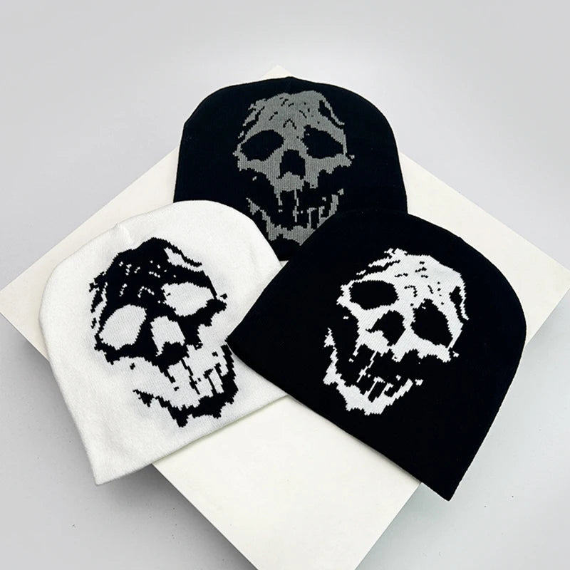 Skull Print Knit Beanie – Color Block Warm Winter Hat Punk Style