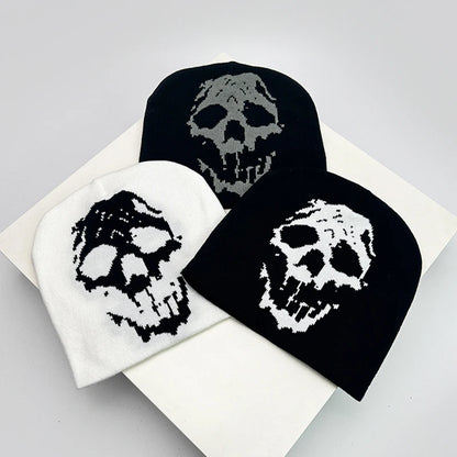 Skull Print Knit Beanie – Color Block Warm Winter Hat Punk Style