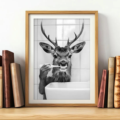 Funny Animal Bathroom Wall Art Poster – Black & White Vintage Print