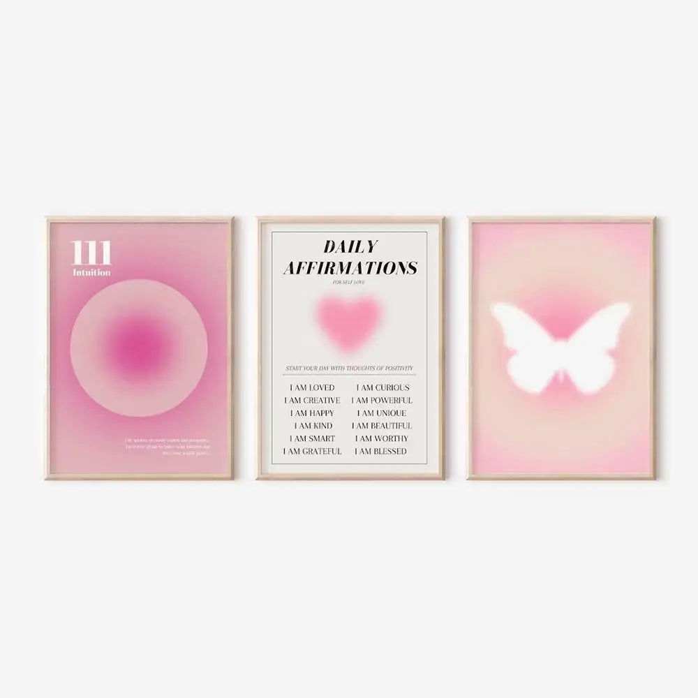Pink Aura Affirmation Wall Art Poster Set – Angel Numbers & Butterfly Prints