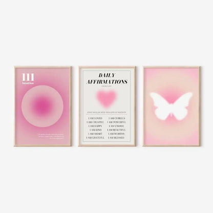 Pink Aura Affirmation Wall Art Poster Set – Angel Numbers & Butterfly Prints