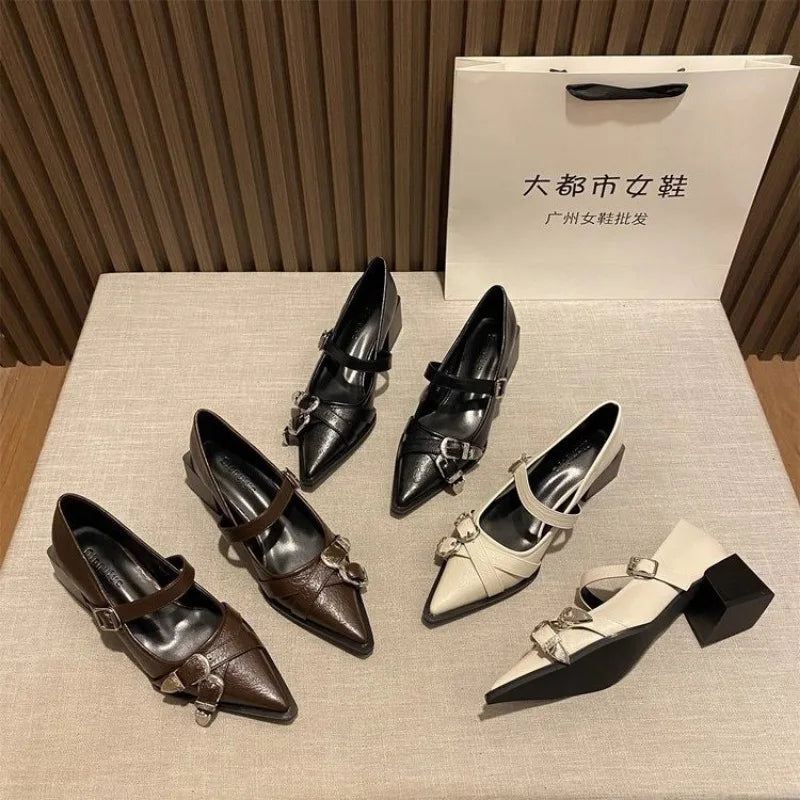 Pointed Toe Mary Jane Heels – Women's Metal Buckle Dress Shoes