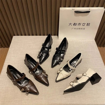 Pointed Toe Mary Jane Heels – Women's Metal Buckle Dress Shoes