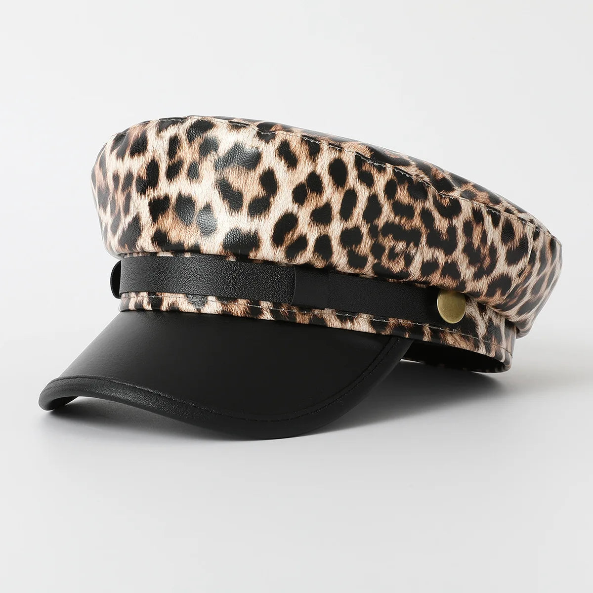 Leopard Print Military Cap for Women – Vintage Y2K Flat Sailor Hat