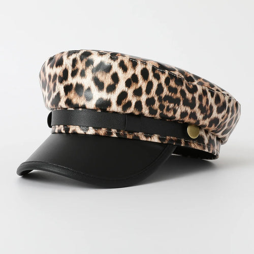Leopard Print Military Cap for Women – Vintage Y2K Flat Sailor Hat