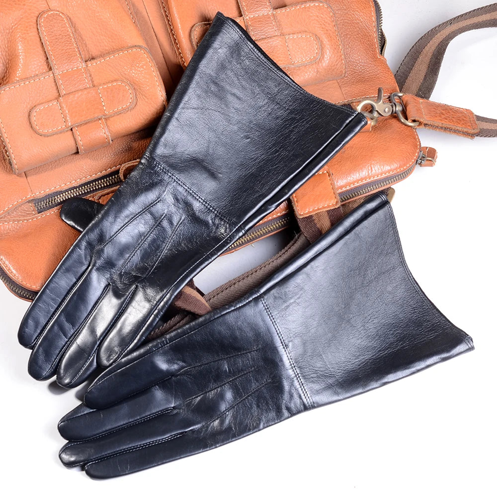 Men's Goatskin Leather Long Cuff Motorcycle Gauntlet Gloves