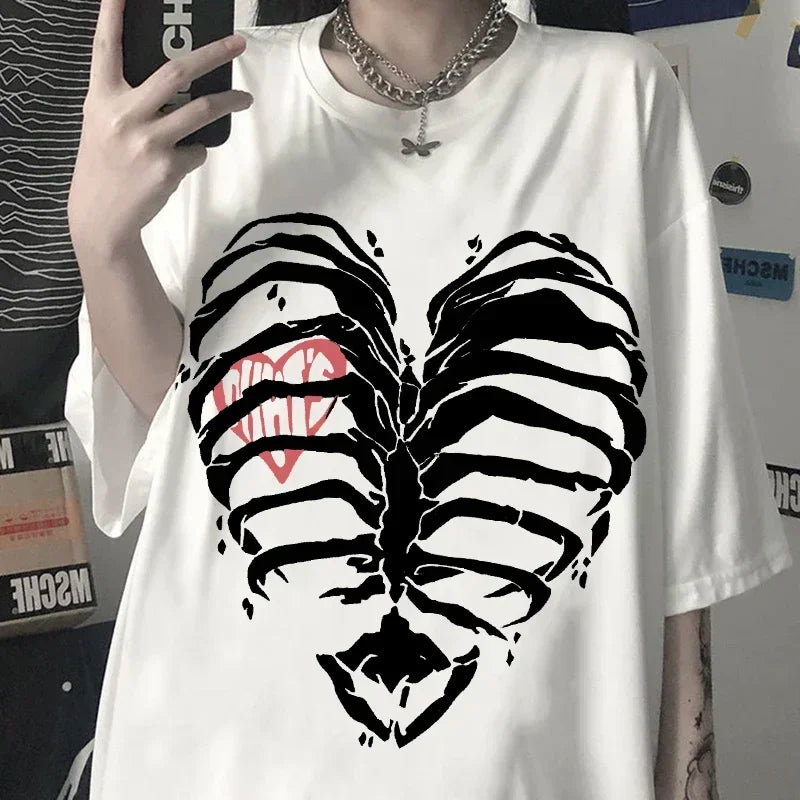 Skeleton Heart Graphic Tee Women Harajuku Y2K Punk Gothic Slim Fit