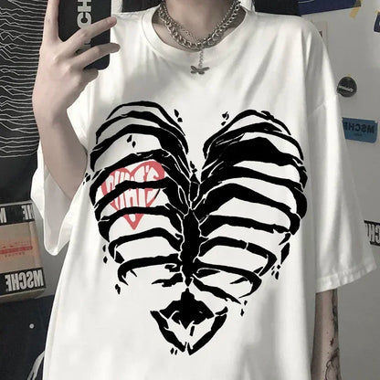 Skeleton Heart Graphic Tee Women Harajuku Y2K Punk Gothic Slim Fit
