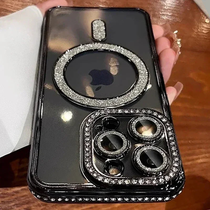 New Fashion Glitter Diamond Transparent Case For iPhone 17/ 16/ 15/ 14/ 13/ 11/ 12 Pro Max Funda Magnetic Wireless Charge Bumper Cover