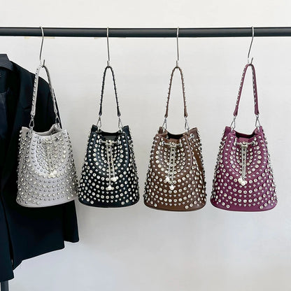 Studded Bucket Bag with Pearl Charm Drawstring Punk Rock Leather Shoulder Bag