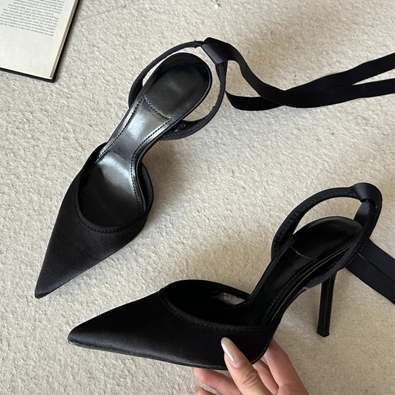 Stiletto Heel Ankle Strap Pumps – Pointed Toe Satin Heels