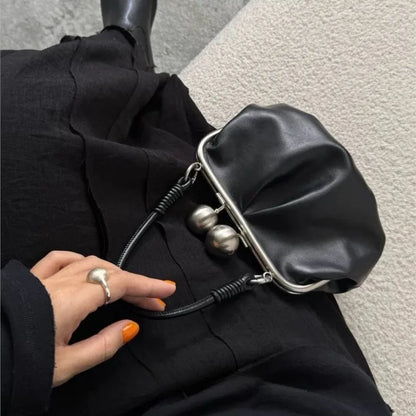 Retro Black Pleated Clip Bag Women Leather Small Capacity Handbag