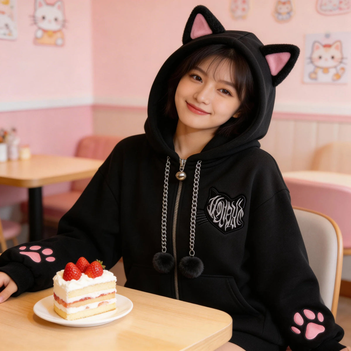 Cat Ear Velvet Hoodie – Women's Y2K Goth Zip-Up Coat