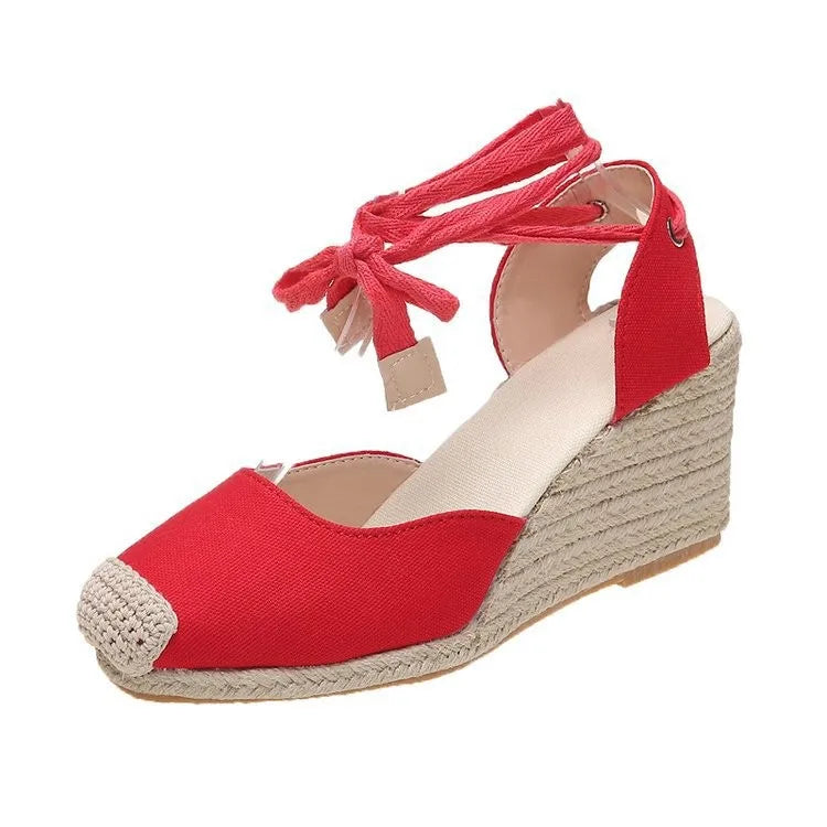 Women's Espadrille Wedge Sandals – Ankle Strap Lace-Up Canvas Shoes