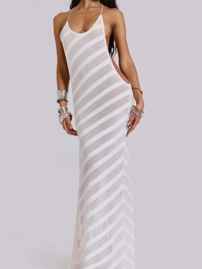 Mesh See-Through Halter Maxi Dress – Sexy Backless Bodycon