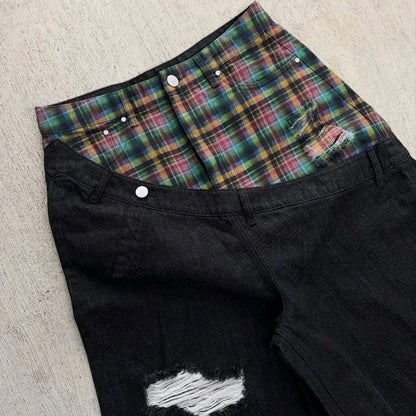 Y2K Plaid Patchwork Baggy Jeans – Retro Wide Leg Denim Pants