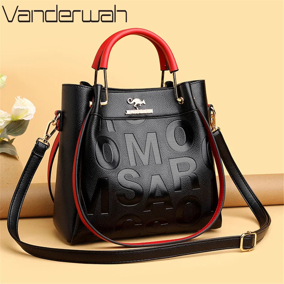 Designer Letter-Embossed Women's Handbag – 3-Layer PU Leather Tote