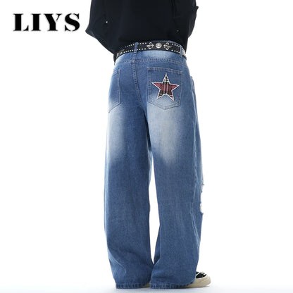 Men's Embroidered Ripped Baggy Wide Leg Jeans – Skate Style