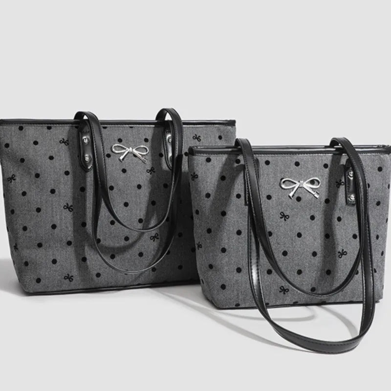 Sweet Cool Black Tote Bag Women College Style Trendy Bow Print