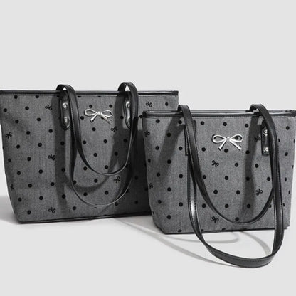 Sweet Cool Black Tote Bag Women College Style Trendy Bow Print