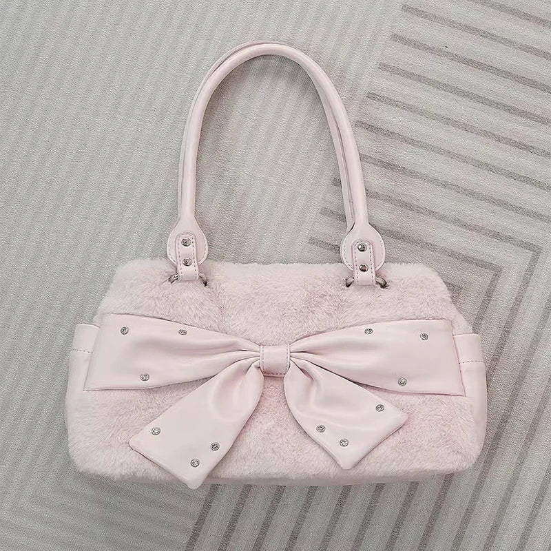 Cute Pink Bow Handbag Women's Creative Rivet Design Plush Shoulder Bag