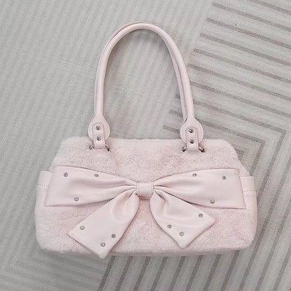 Cute Pink Bow Handbag Women's Creative Rivet Design Plush Shoulder Bag