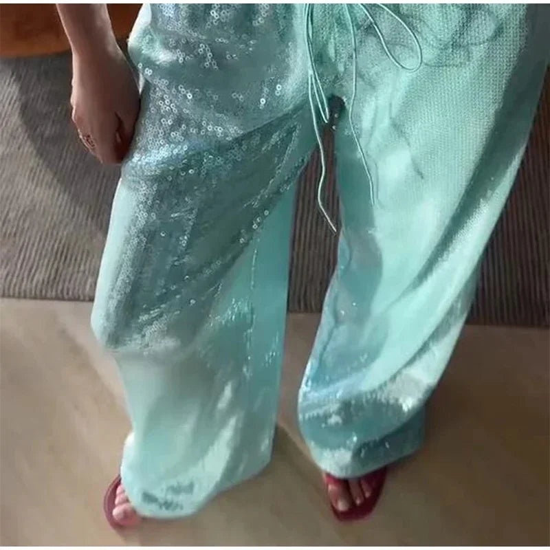 Sequin Wide-Leg Pants for Women – Y2K Loose Drawstring Trousers