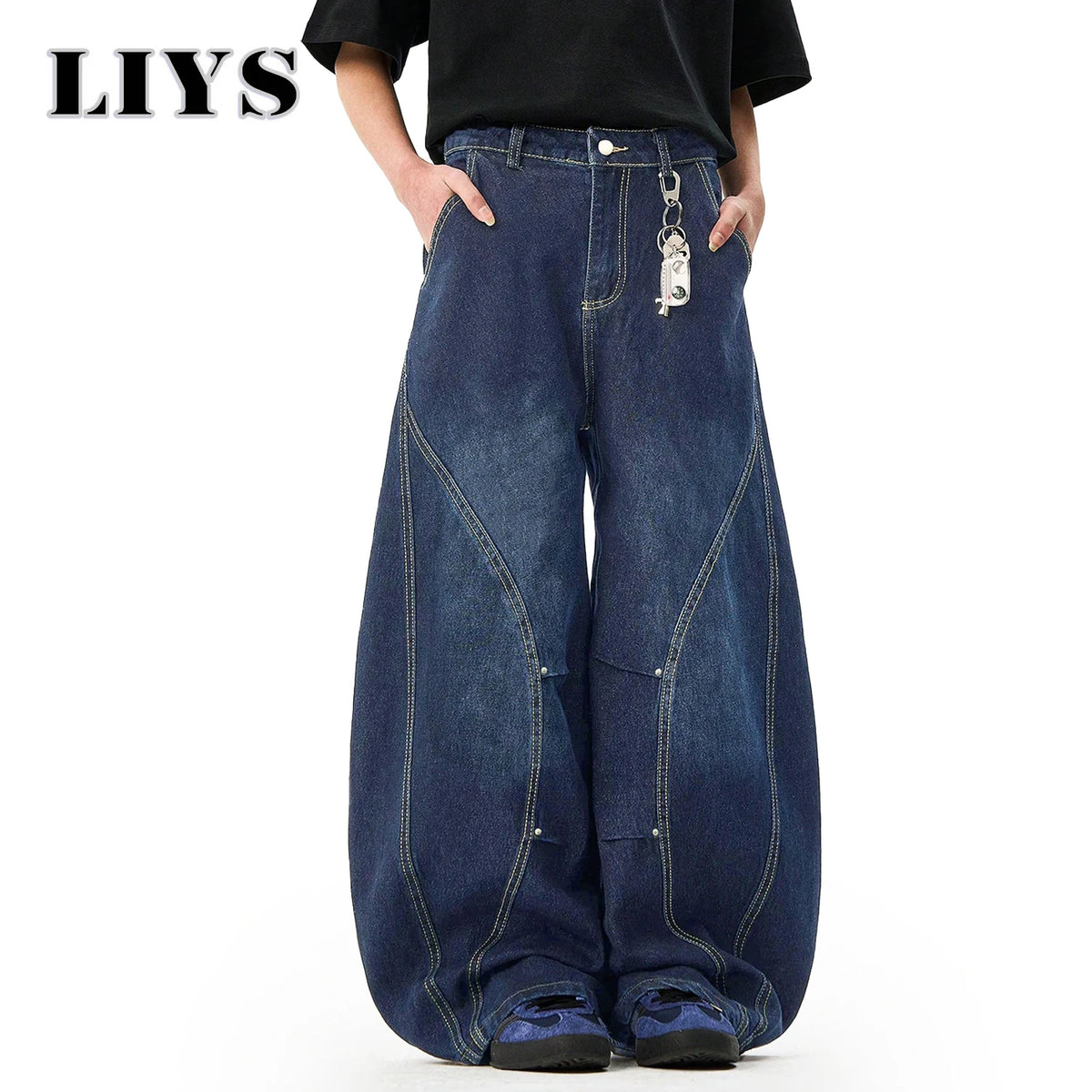 Men S American Retro Blue Loose Machete Wide Leg Jeans Unisex Baggy Straight Sickle Denim Pants