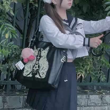 Large Capacity Black Tote Bag Women High Street Lolita Gothic Leather