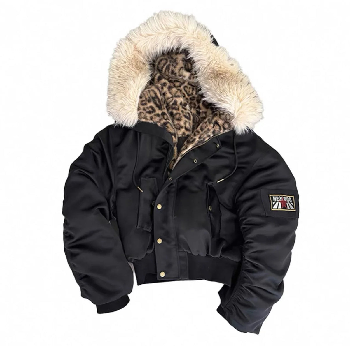 Harajuku Retro Oversized Jacket – Plush Fur Hood Leopard Lining