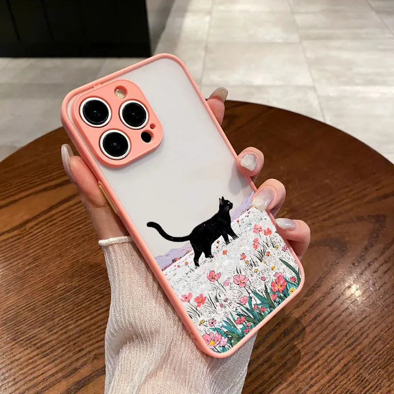 Anime Black Cat Floral iPhone Case – iPhone 11 to 17 Pro Max